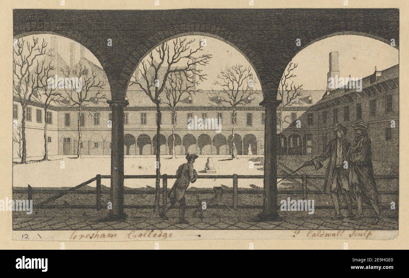 Gresham College. Autore Caldwall, James 24.12. Luogo di pubblicazione: [London] Editore: [Editore non identificato] Data di pubblicazione: [Tra il 1760 e il 1786] tipo di articolo: 1 stampa mezzo: Incisione dimensioni: Foglio 10.5 x 17.6 cm (rifilato) ex proprietario: George III, Re di Gran Bretagna, 1738-1820 Foto Stock