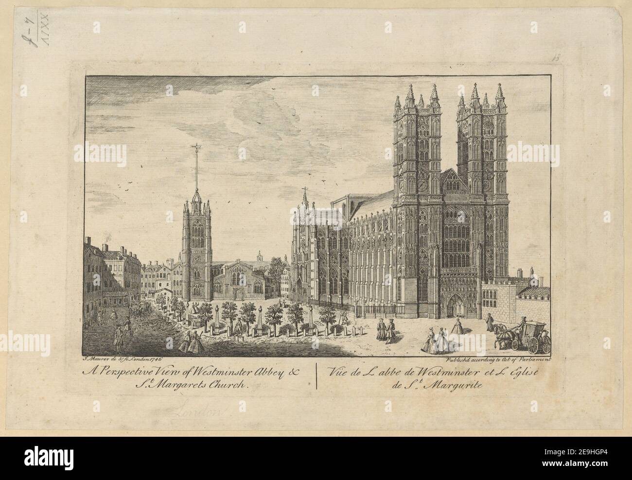 Vista prospettica dell'Abbazia di Westminster e della Chiesa di Santa Margherita = VuÃàe de L abbe de Westminster et L Eglise de St Margarite. Autore Maurer, John 24.4.F. Luogo di pubblicazione: [London] Editore: Pubblicato secondo atto del Parlamento, Data di pubblicazione: [1746] tipo di articolo: 1 stampa mezzo: Incisione e incisione dimensioni: Platemark 19.2 x 28.8 cm, su foglio 24.4 x 35.7 cm ex proprietario: George III, Re di Gran Bretagna, 1738-1820 Foto Stock