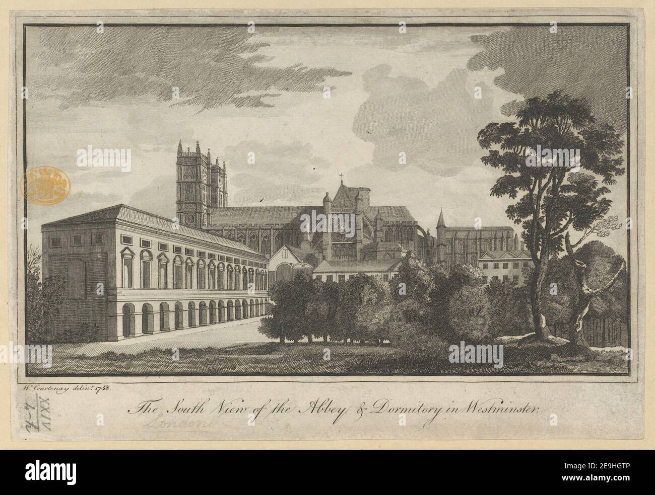 Vista sud dell'Abbazia e Dormitorio di Westminster. Autore Courtenay, William 24.4.h. Luogo di pubblicazione: [London] Editore: [Editore non identificato] Data di pubblicazione: [1758] tipo di articolo: 1 stampa mezzo di stampa: Incisione dimensioni: Foglio 18.6 x 27.4 cm (tagliato) ex proprietario: George III, Re di Gran Bretagna, 1738-1820 Foto Stock