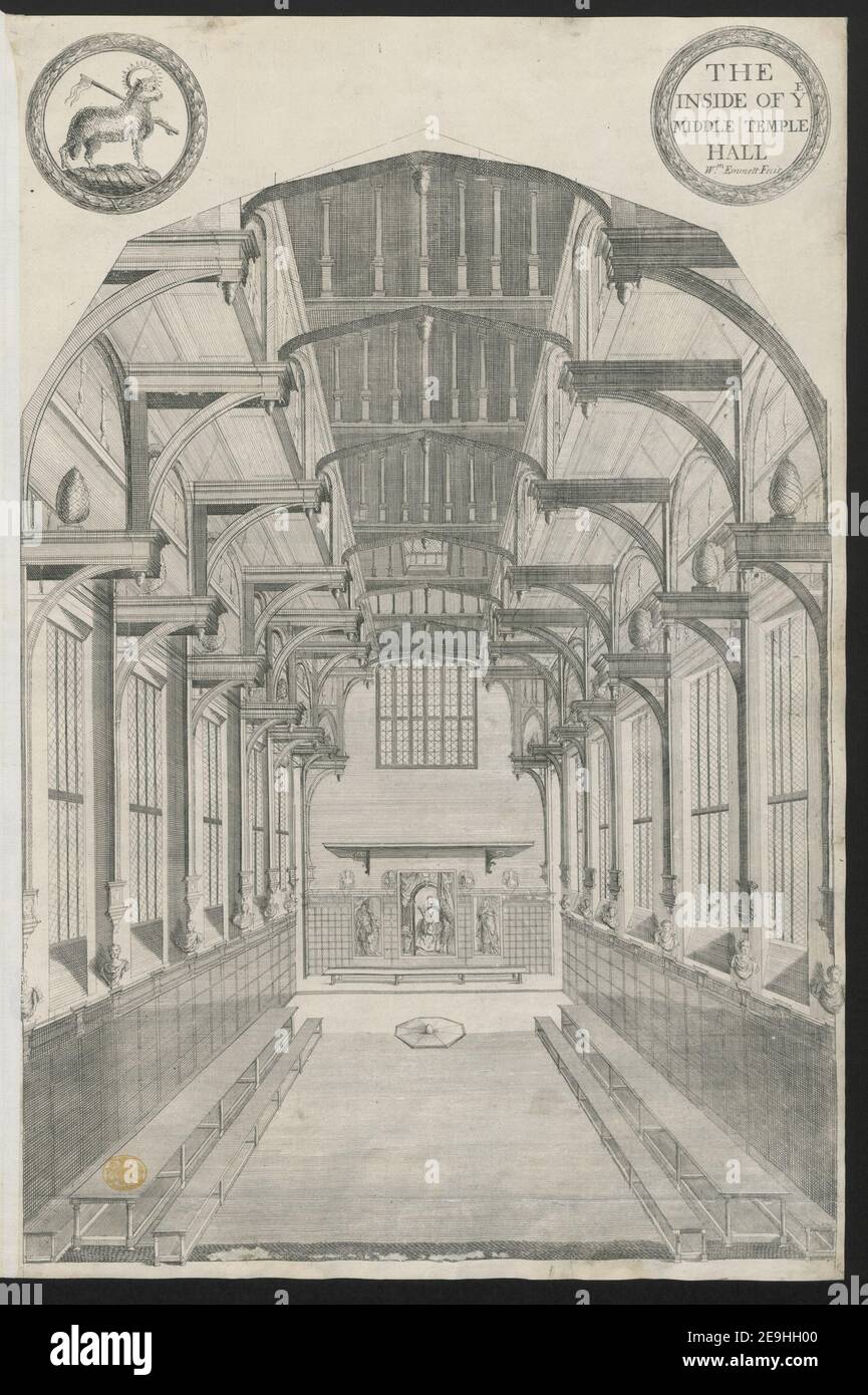 L'INTERNO DI YE MIDDLE TEMPLE HALL. Autore Emmett, William 25.18.F. Luogo di pubblicazione: [Londra?] Editore: [Editore sconosciuto]., Data di pubblicazione: [1710 c.?] Tipo di articolo: 1 stampa mezzo: Incisione e incisione dimensioni: Foglio 61.5 X 41.7 cm [rifilato all'interno del platemark] ex proprietario: George III, Re di Gran Bretagna, 1738-1820 Foto Stock