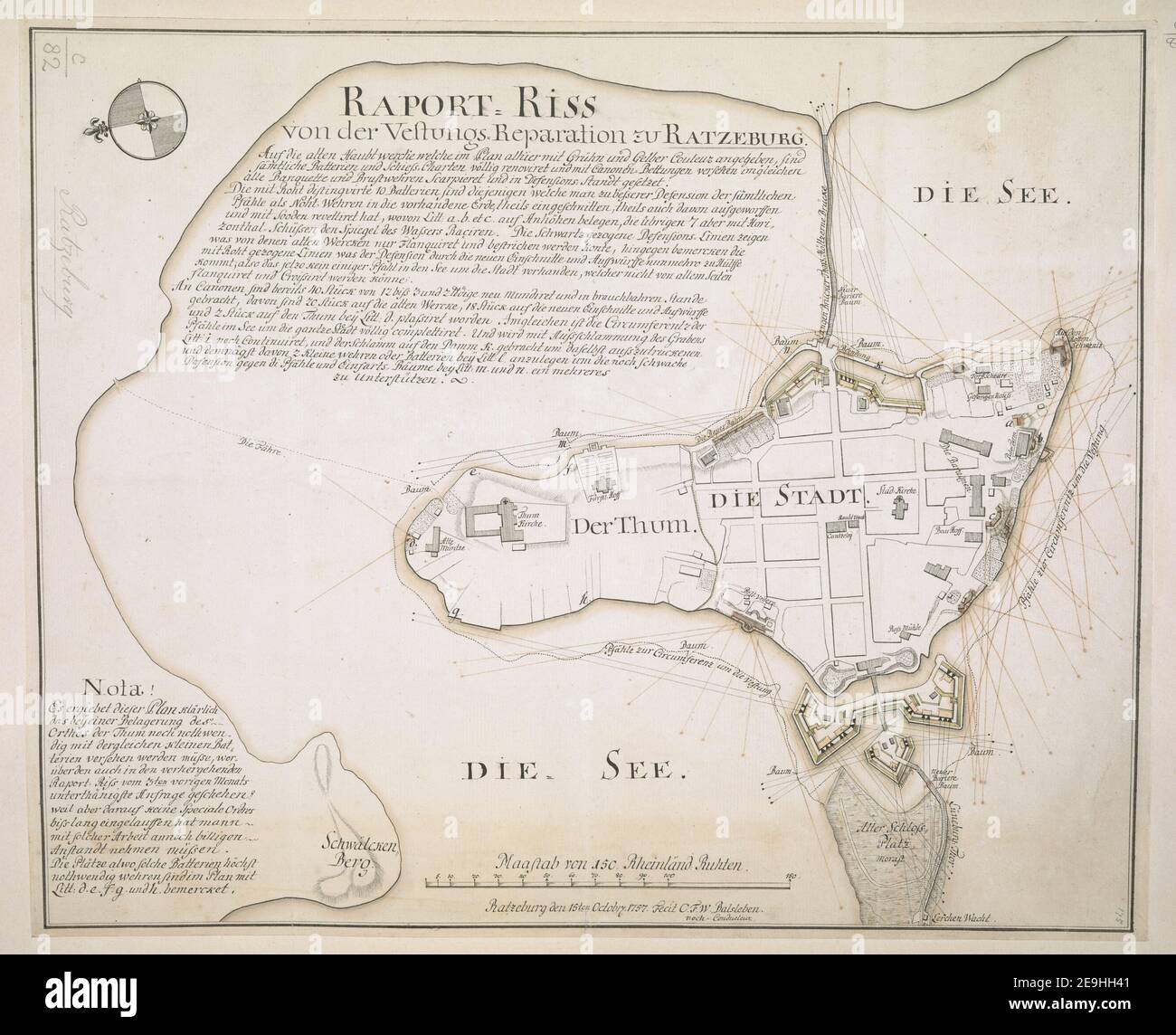 RAPPORT=RISS von der Vestung Reparations zu RATZEBURG. Autore Balsleben, O. F. W. 100.82. Luogo di pubblicazione: Ratzeburg Editore: Den 15.ten ottobre 1757. Fecit O. F. W. Balsleben. Noch-Conducteur, Data di pubblicazione: [1757.] Tipo articolo: 1 mappa mezzo: Penna manoscritta e inke con acquerello dimensioni: 33.4 x 41.6 cm, su foglio 34.7 x 42.6 cm ex proprietario: Giorgio III, Re di Gran Bretagna, 1738-1820 Foto Stock