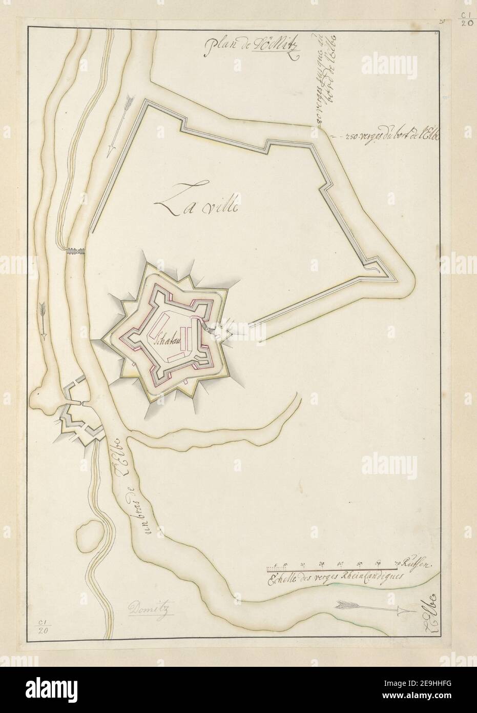 Plan de DoÃàmitz. Informazioni sulla mappa: Titolo: Plan de DoÃàmitz. 101.20. Luogo di pubblicazione: [Germania] Editore: [produttore non identificato] Data di pubblicazione: [Tra il 1690 e il 1740.] Tipo di articolo: 1 mappa mezzo: Penna manoscritta e inke con colore di lavaggio dimensioni: 49.9 x 33.6 cm ex proprietario: George III, Re di Gran Bretagna, 1738-1820 Foto Stock