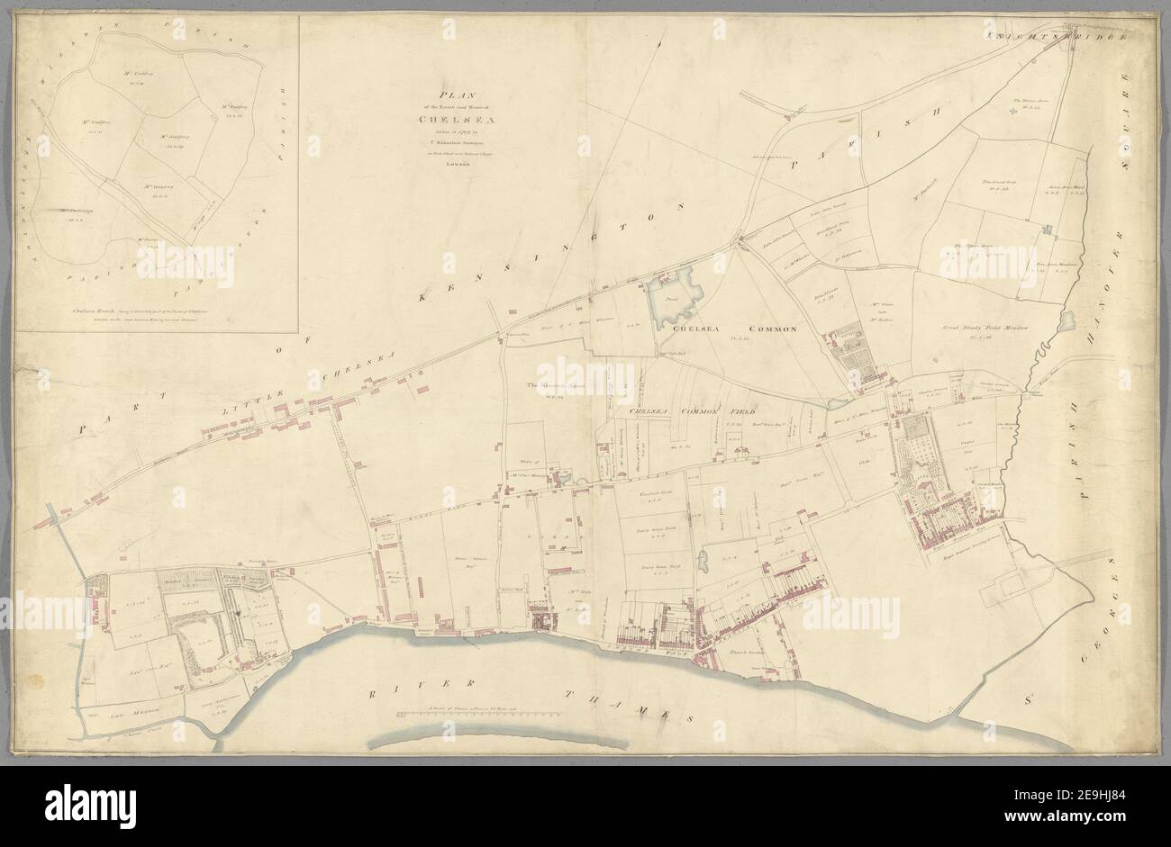 Pianta della tenuta e maniero di Chelsea autore Richardson, Thomas 28.4.a.1. Luogo di pubblicazione: [London] Editore: Preso nel 1769 da T. Richardson, geometra, in York Street vicino Portland Chapel, Data di pubblicazione: [1769] tipo di articolo: 1 mappa su 2 fogli mezzo: Penna colorata a mano e inchiostro dimensioni: 83 x 126 cm, fogli 83 x 63 cm ex proprietario: Giorgio III, re di Gran Bretagna, 1738-1820 Foto Stock