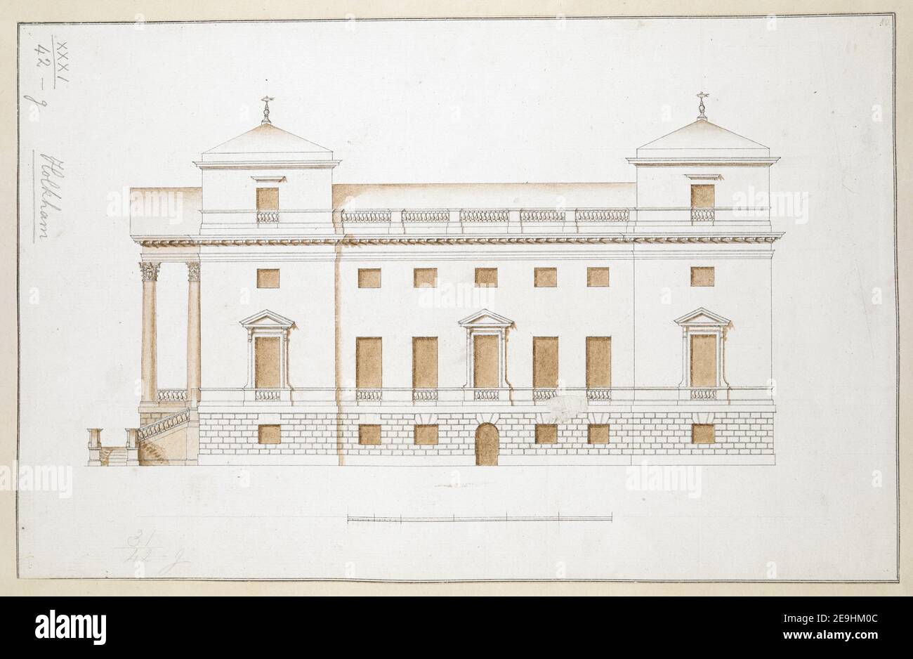 Elevazione laterale di Holkham Hall . Informazioni visive: Titolo: [Elevazione laterale di Holkham Hall]. 31.42.g. Data di pubblicazione: [Circa 1734-1761] tipo di articolo: 1 disegno mezzo: Penna e inchiostro nero con lavaggio di seppia dimensioni: Foglio 21.3 x 33.5 cm ex proprietario: George III, Re di Gran Bretagna, 1738-1820 Foto Stock