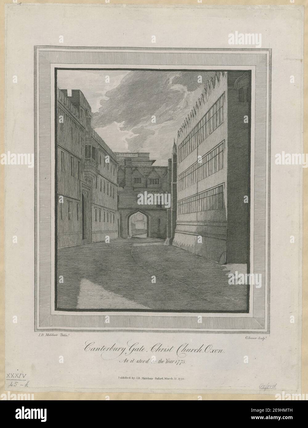 Canterbury Gate, Christ Church Oxon. Come si trovava nell'anno 1775. Autore Jenner, George 34.45.k. Luogo di pubblicazione: [Oxford] Editore: Pubblicato da. I.B. Malchair Oxford, Data di pubblicazione: Marzo. 12. 1793. Tipo articolo: 1 stampa mezzo: Incisione dimensioni: Platemark 45.7 x 35.3 cm, su foglio 46.9 x 35.7 cm ex proprietario: Giorgio III, Re di Gran Bretagna, 1738-1820 Foto Stock