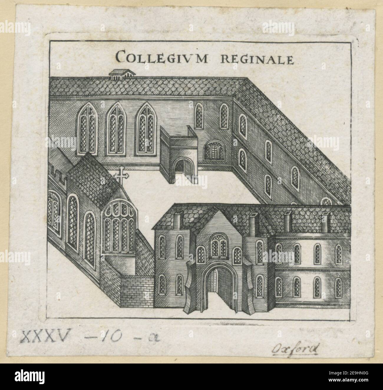 COLLEGIVM REGINALE autore Bereblock, Giovanni 35.10.a. Luogo di pubblicazione: [Oxford] Editore: [Oxford University Press] Data di pubblicazione: [1713] tipo di articolo: 1 stampa mezzo: Incisione dimensioni: Platemark 8.6 x 9.3 cm, su foglio 10.2 x 10.7 cm ex proprietario: George III, Re di Gran Bretagna, 1738-1820 Foto Stock