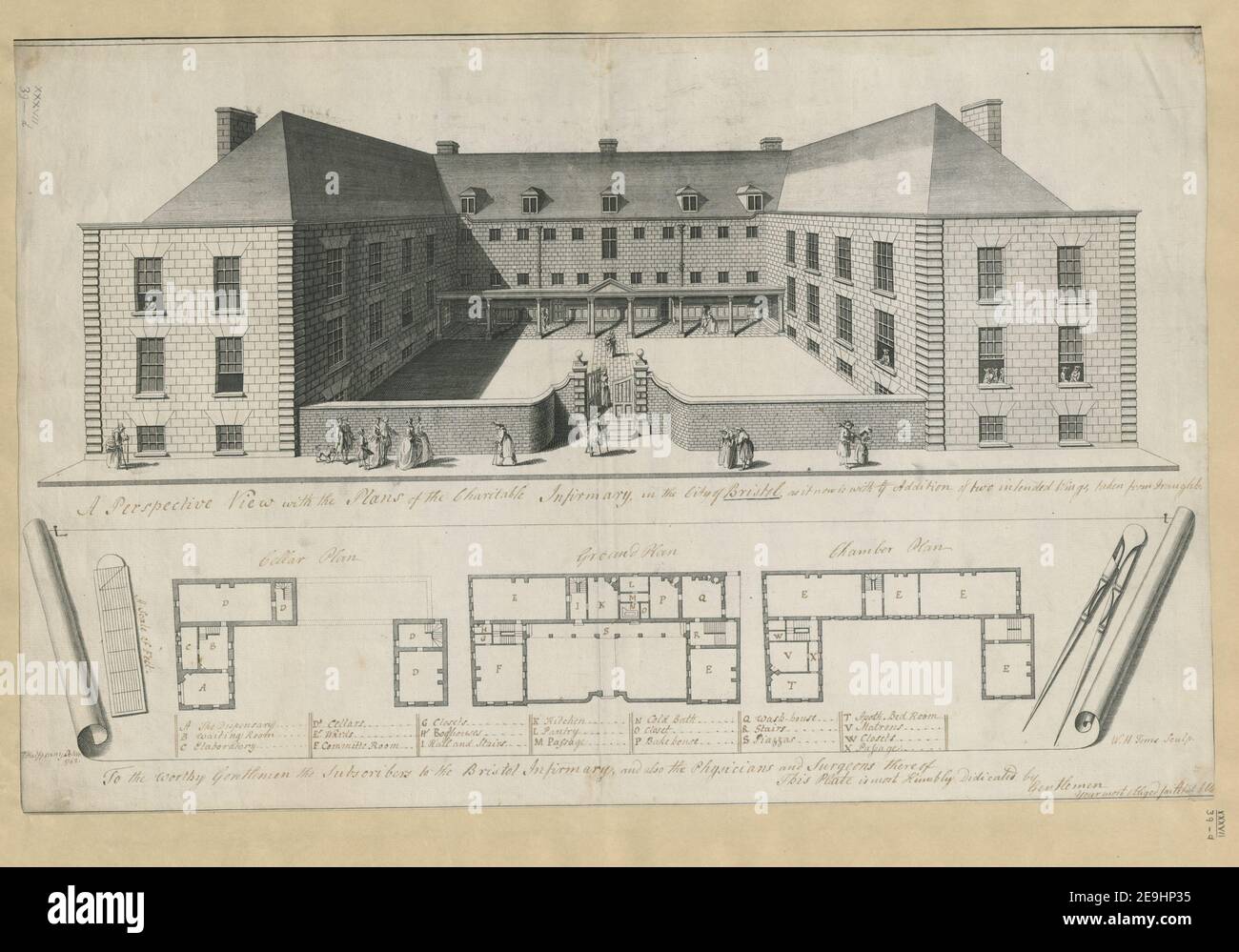 Una vista prospettica con i piani dell'infermeria caritativa, nella città di Bristol, come ora è con l'aggiunta di due Wings previsti presi da Bozze. Autore Toms, W. H. 37.39.d. Luogo di pubblicazione: [Inghilterra] Editore: [Editore non identificato] Data di pubblicazione: [1742] tipo di articolo: 1 stampa mezzo: Incisione e incisione dimensioni: Foglio 40 x 61.3 cm platemark; foglio ex proprietario: George III, Re di Gran Bretagna, 1738-1820 Foto Stock
