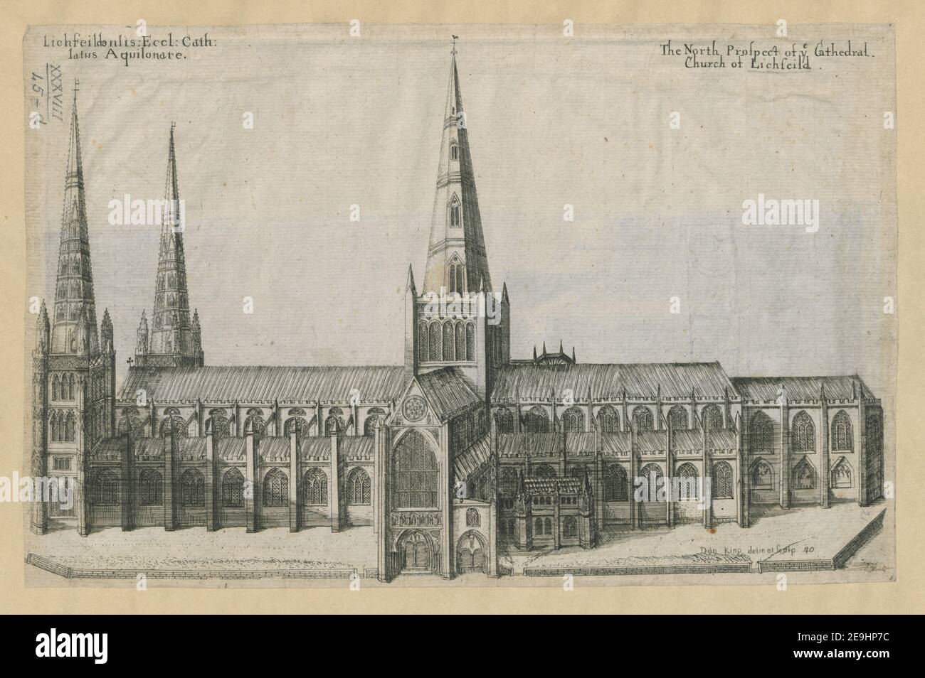 Lichfeildenlis: Eccl: Cath: Latus Aquilonare. = il prospetto nord di voi Chiesa Cattedrale di Lichfeild autore Re, Daniele 38.45.d. Luogo di pubblicazione: [London] Editore: [Multiple possible Publishers] Data di pubblicazione: [Not before 1656] tipo di articolo: 1 Stampa supporto: Incisione dimensioni: Foglio 18.5 x 28.9 cm (rifilato sotto il platemark tranne nell'angolo in basso a destra) ex proprietario: George III, King of Great Britain, 1738-1820 Foto Stock