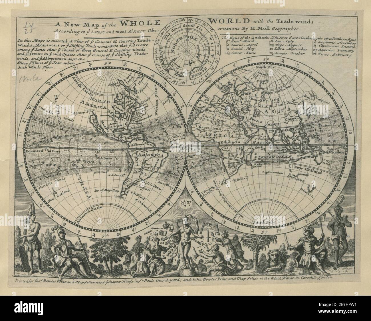 Una nuova carta del mondo intero, di H. Moll. In emisferi, sulla proiezione stereografica Mappa informazioni: Titolo: Una nuova carta del mondo intero, di H. Moll. [Negli emisferi, sulla proiezione stereografica] 4.25. Ex proprietario: George III, re di Gran Bretagna, 1738-1820 Foto Stock