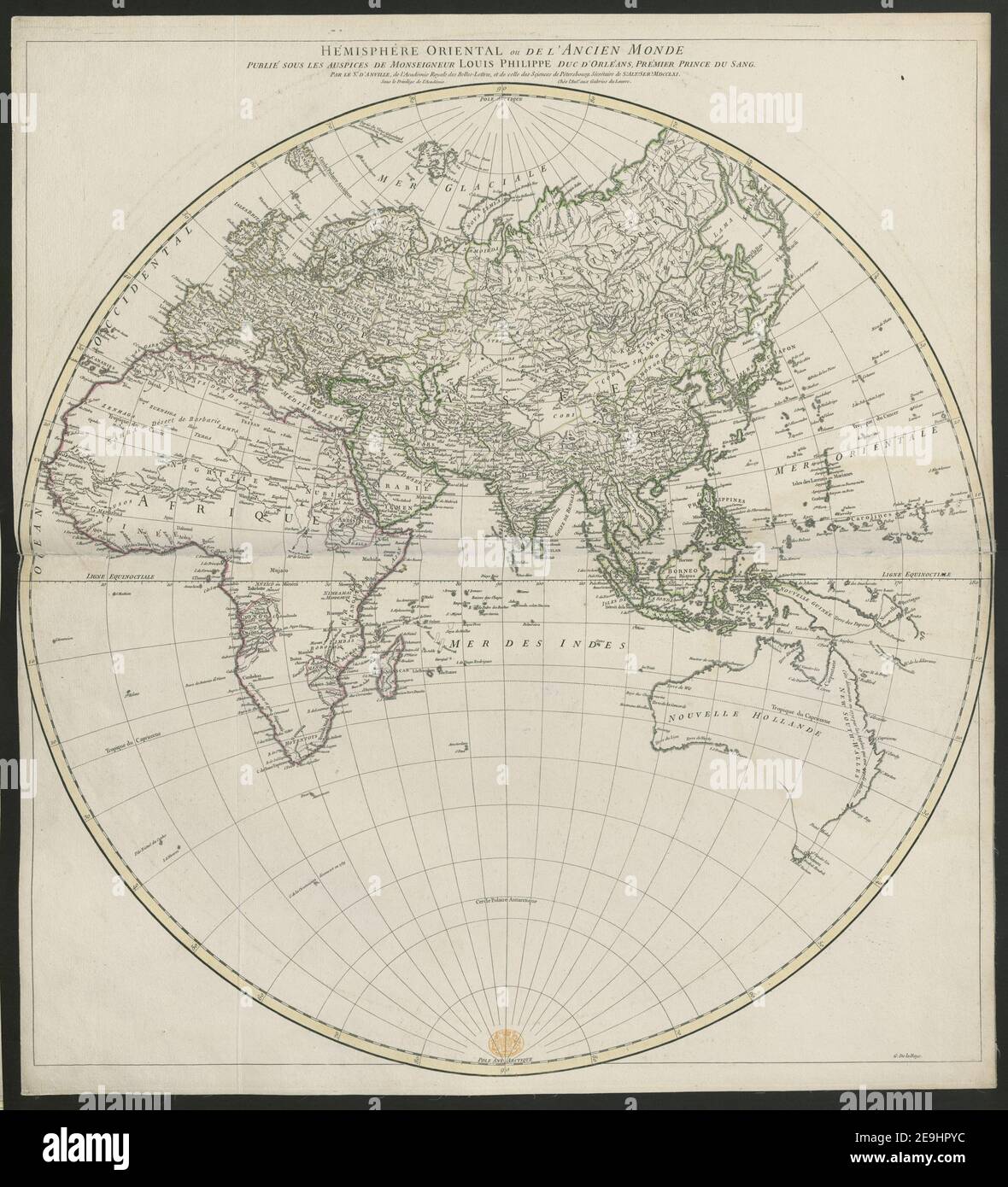 HeÃÅmispheÃÄres Oriental et Occidental, par le Sr d'Anville. Sulla proiezione stereografica Mappa informazioni: Titolo: HeÃÅmispheÃÄres Oriental et Occidental, par le Sr d'Anville. [Sulla proiezione stereografica] 4.28. Data di pubblicazione: 1761. Tipo articolo: 2 SH. Ex proprietario: George III, re di Gran Bretagna, 1738-1820 Foto Stock