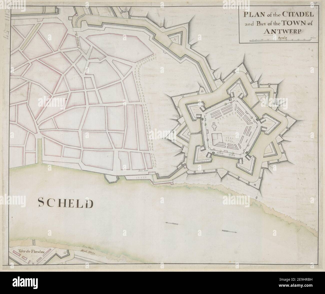 PIANTA della CITTADELLA e parte della CITTÀ di ANVERSA. Autore Eyres, William 103.57. Data di pubblicazione: [Circa 1745?] Tipo di articolo: 1 mappa mezzo: Manoscritto, colorato a mano dimensioni: 31 x 37 cm ex proprietario: Giorgio III, Re di Gran Bretagna, 1738-1820 Foto Stock