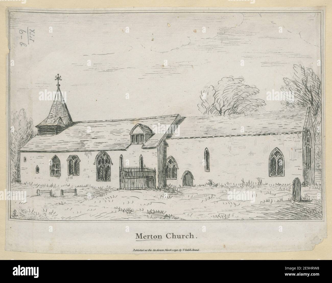 Chiesa di Merton. Autore Lysons, Samuel 41.6.b. Luogo di pubblicazione: [London] Editore: Pubblicato come l'atto dirige 1 marzo 1792, da T. Cadell, Strand., Data di pubblicazione: [1792] tipo di articolo: 1 stampa mezzo: Incisione dimensioni: Foglio 13.8 x 18.3 cm [tagliato all'interno del platemark] ex proprietario: George III, Re di Gran Bretagna, 1738-1820 Foto Stock