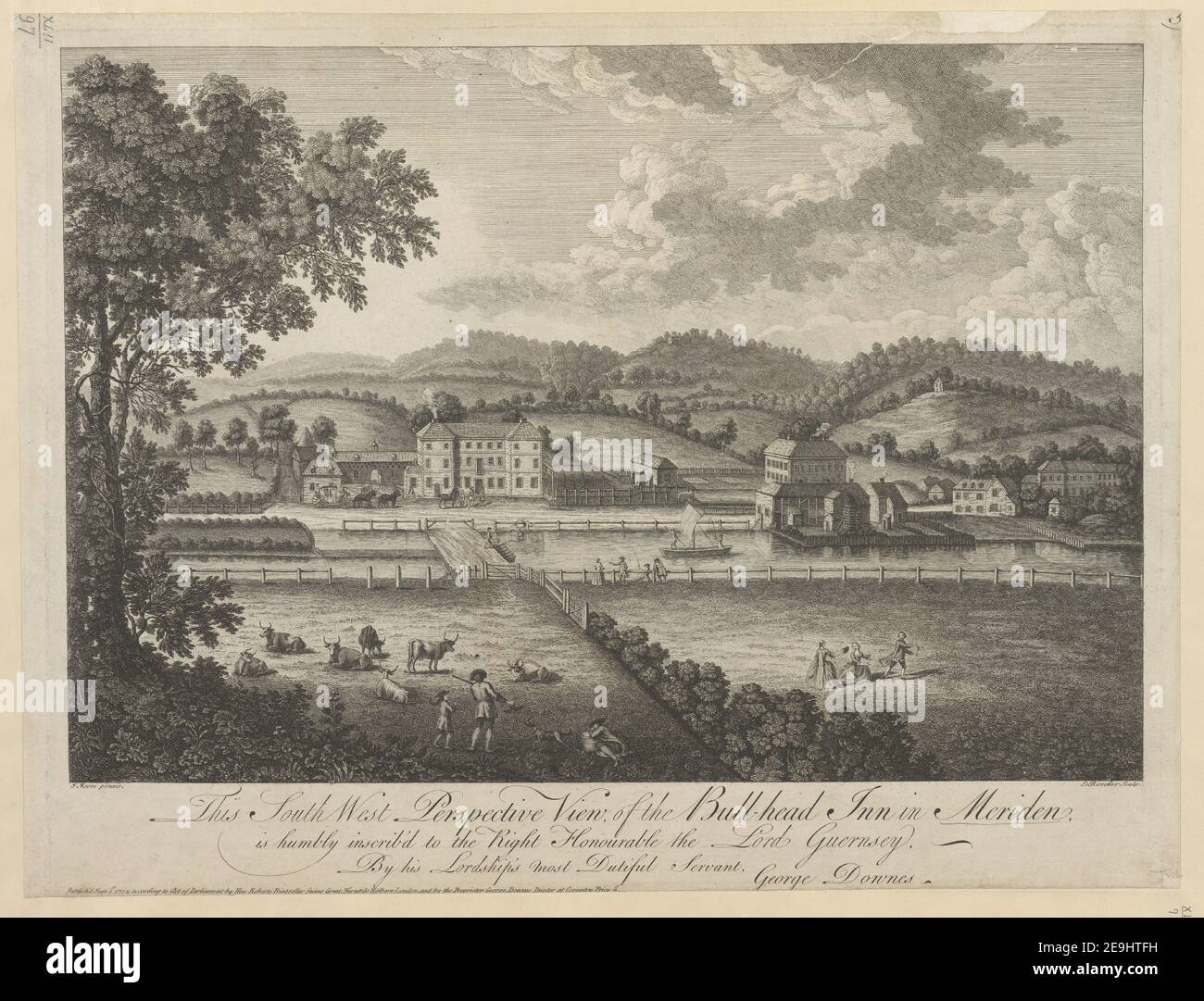 Questa vista in prospettiva Sud Ovest, del Bull Head Inn a Meriden, è umilmente inscrivibile a destra l'onorevole il Signore Guernsay, dal Servo più dutiful della sua signoria, George Downes. Autore Rooker, Edward 42.97. Luogo di pubblicazione: [Londra , Coventry] Editore: Pubblicato il 1 giugno 1752 secondo l'atto del Parlamento di Hen. Roberts Printseller di fronte grande giradisolo Holborn Londra, e dal Proprietor George Downes Pittore di Coventry Prezzo 2.d., Data di pubblicazione: [1752] tipo di articolo: 1 stampa mezzo: Incisione dimensioni: Platemark 19.5 x 36.8 cm Foto Stock