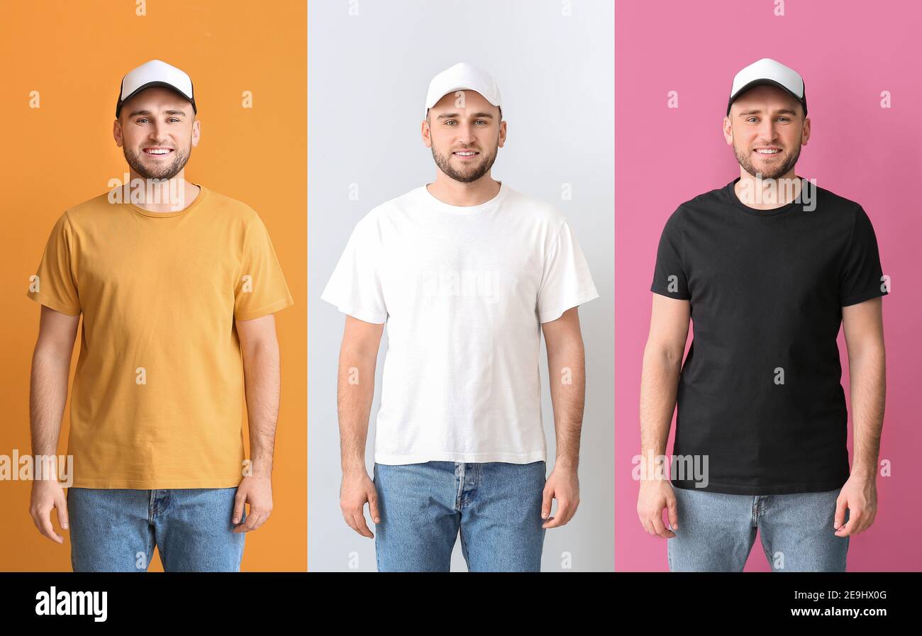 Collage di giovane uomo in t-shirt e cappelli eleganti Foto Stock