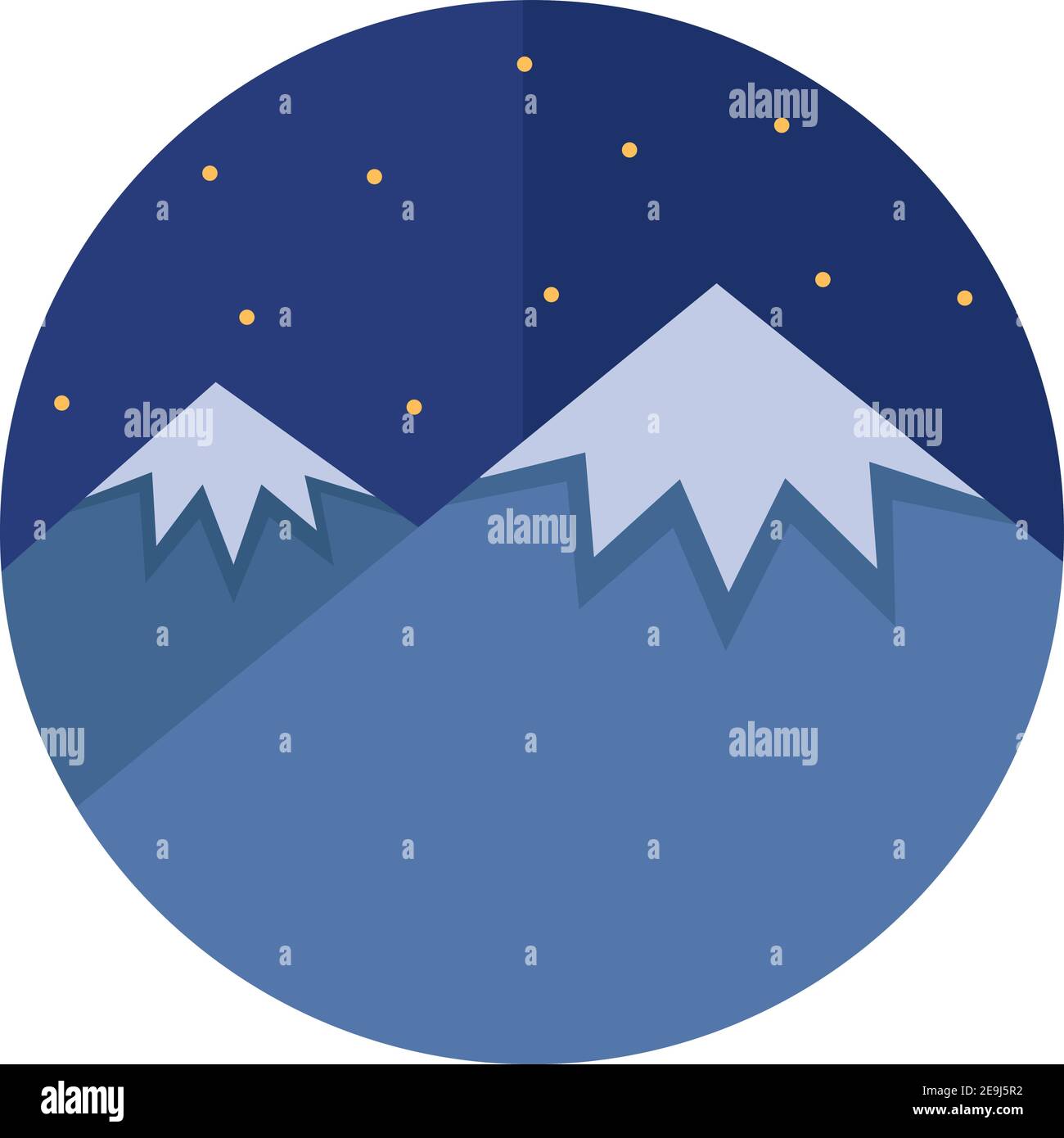 Due cime di montagna coperte di neve di notte, illustrazione, vettore su sfondo bianco. Illustrazione Vettoriale