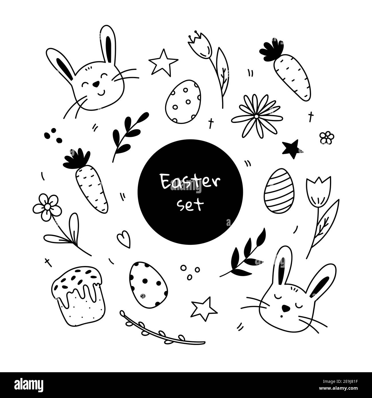Set di elementi di design di Pasqua. Conigli carini, uova di Pasqua, torta di Pasqua, ramoscelli primavera, fiori e carote. Illustrazione disegnata a mano del doodle vettoriale. Illustrazione Vettoriale