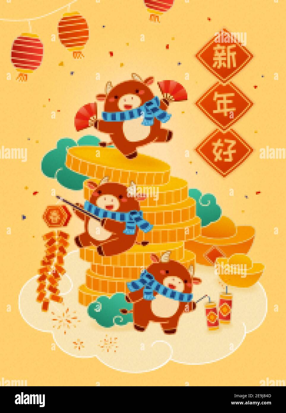 2021 CNY monete d'oro grandi con le mucche carine che giocano a parte, anno del manifesto del bue, traduzione: Felice anno nuovo Illustrazione Vettoriale