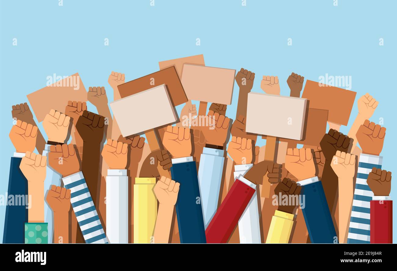 Gruppo di pugni allevati in aria. Gruppo di manifestanti pugni sollevati nell'aria Foto Stock
