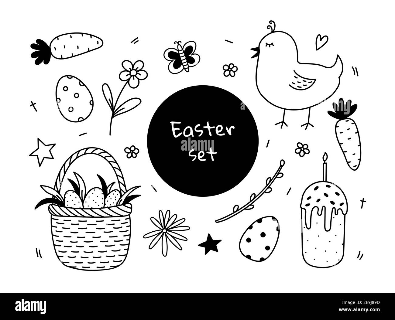 Set di elementi di design di Pasqua. Pulcino carino, uova di Pasqua in un cestino, torta di Pasqua, fiori, salice e carote. Illustrazione disegnata a mano del doodle vettoriale. Illustrazione Vettoriale