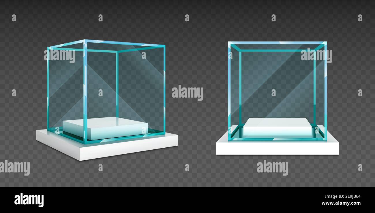 Scatola a cubo in vetro su supporto bianco. Vetrina vuota e quadrata sul podio davanti e vista angolare. Mockup vettoriale realistico di 3D acrilico o scatola in plexiglass per esposizione isolata su sfondo trasparente Illustrazione Vettoriale