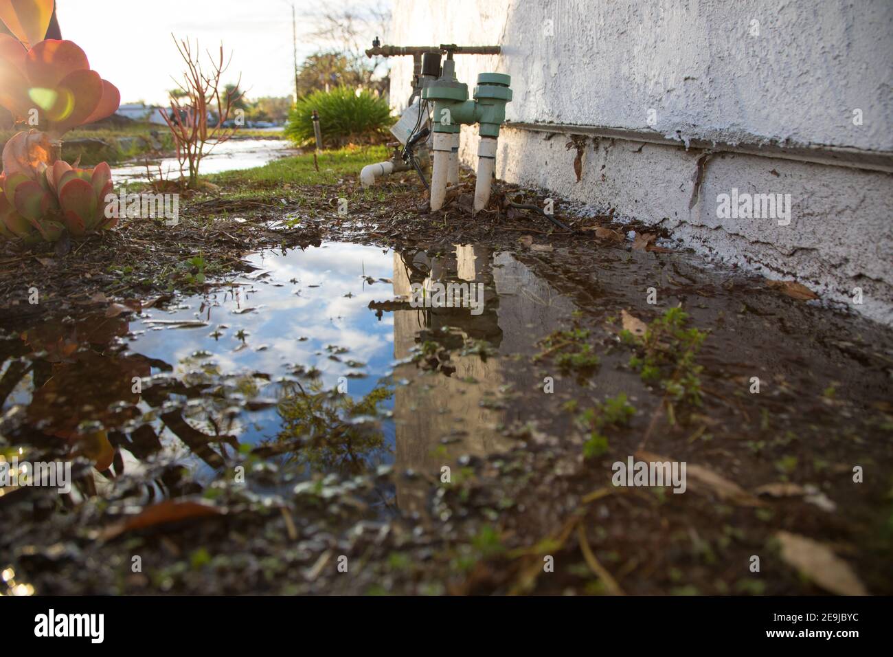 Acqua che allagano l'esterno di una casa Foto Stock