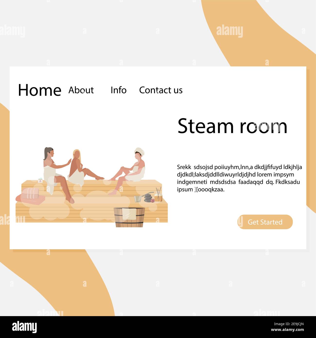 Landing page stream room, centro benessere relax salone. Sito web di bagni e sauna, corpo di trattamento in camera di ruscello, procedura calda, illustrazione vettoriale Illustrazione Vettoriale