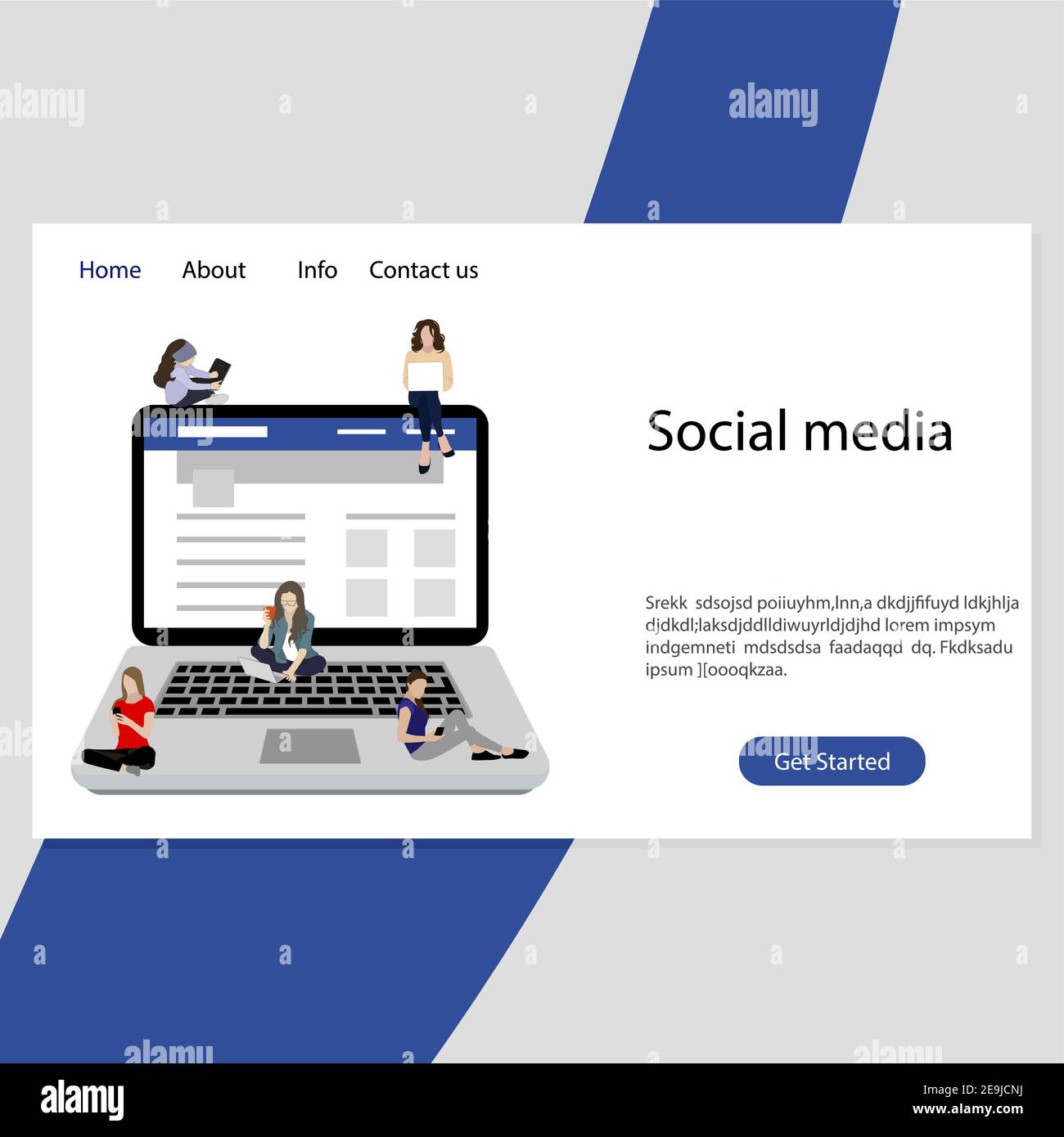Pagina di destinazione dei social media, le persone utilizzano notebook e tablet per smartphone. Illustrazione della dipendenza dei social media online, le persone dipendono dal vettore dei gadget Illustrazione Vettoriale