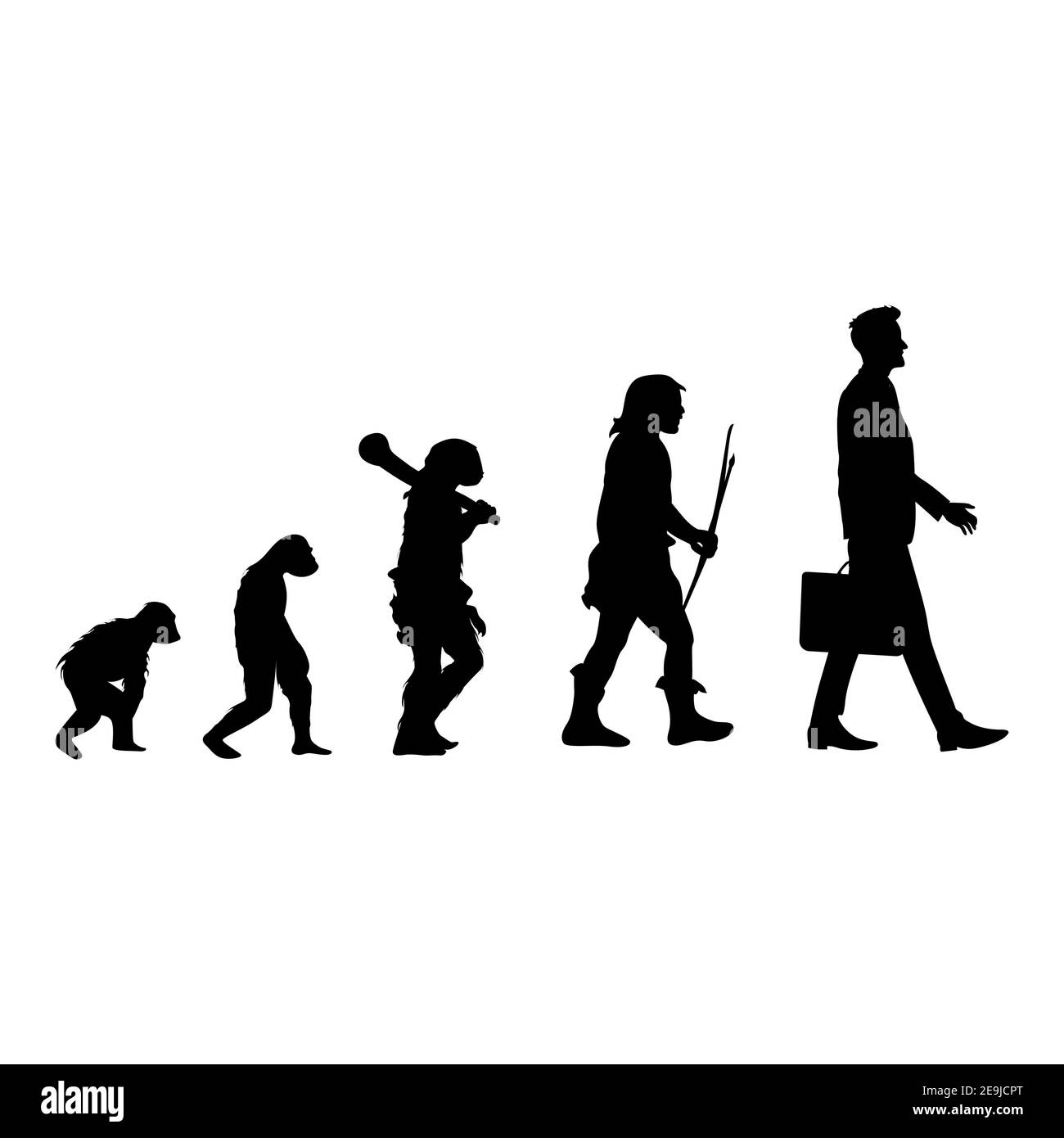 Silhouette nera Human Evolution, dalla nuca all'uomo. Vector human silhouette, scimmia e caveman, walking homo grafico evoluzione illustrazione, storia p Illustrazione Vettoriale
