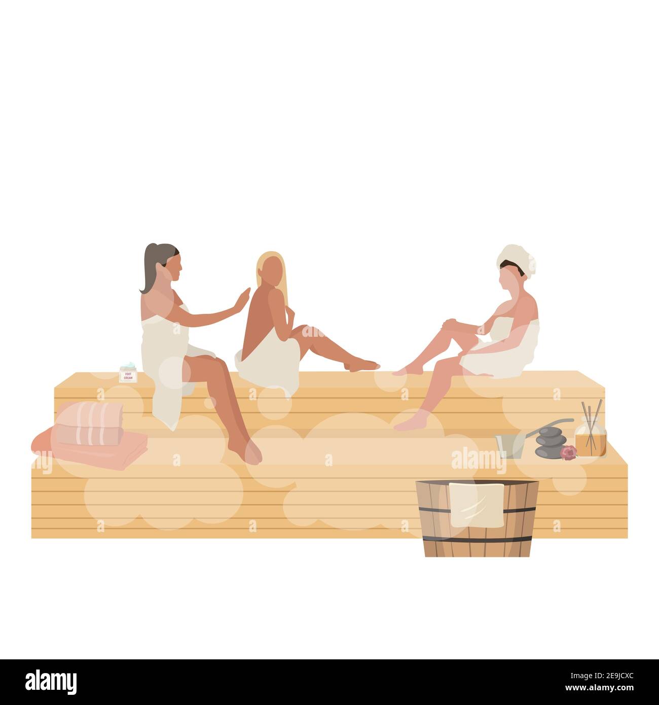 Giorno della donna in sauna le donne si rilassano nella stanza del ruscello. Sauna in legno per donna wellness, bagno turco, bagno turco finlandese. Illustrazione vettoriale, salute e rela Illustrazione Vettoriale