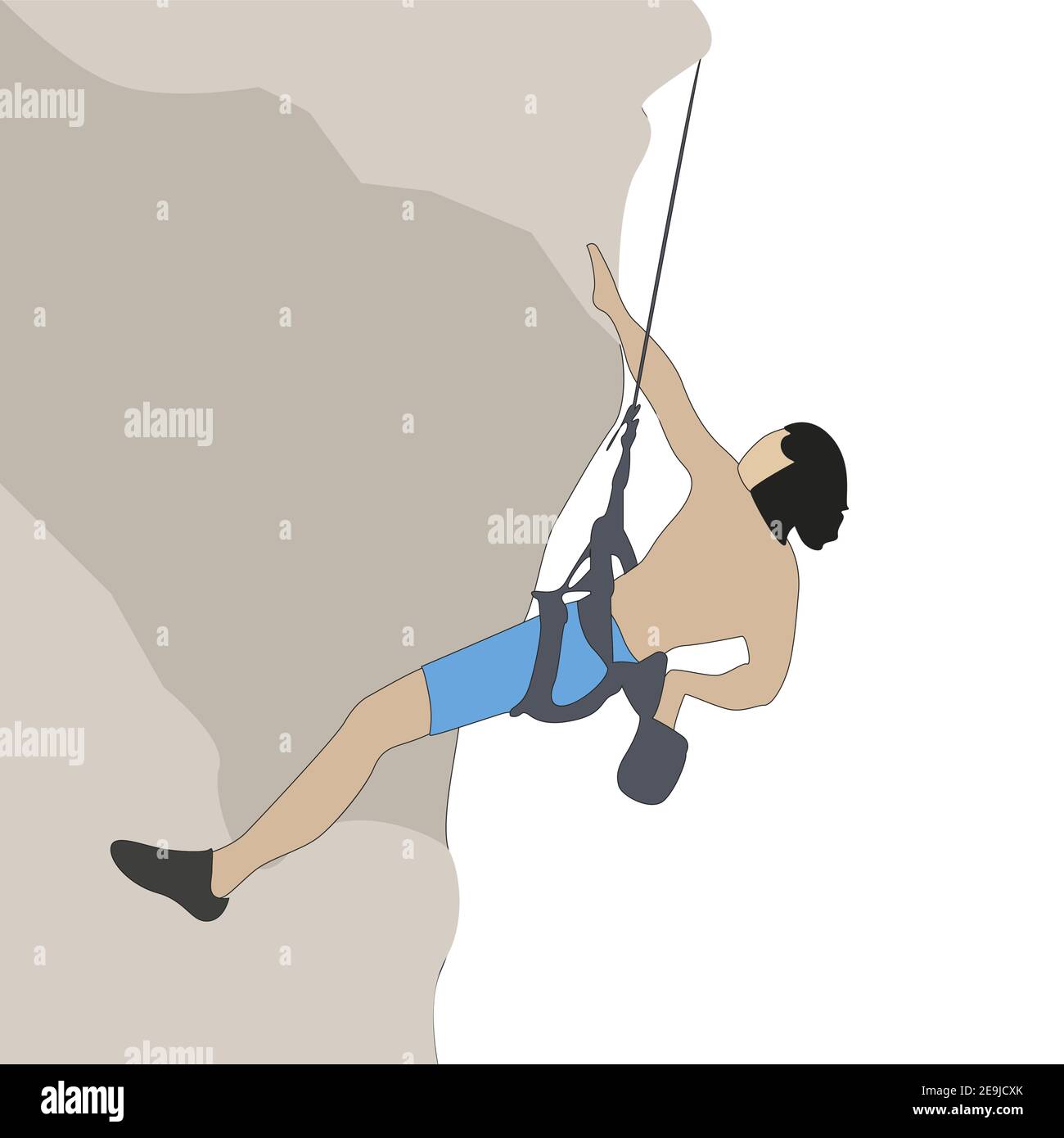 Scalatore uomo salita su roccia con corda. Roccia di montagna vettoriale, viaggio di persona e avventura estrema illustrazione Illustrazione Vettoriale