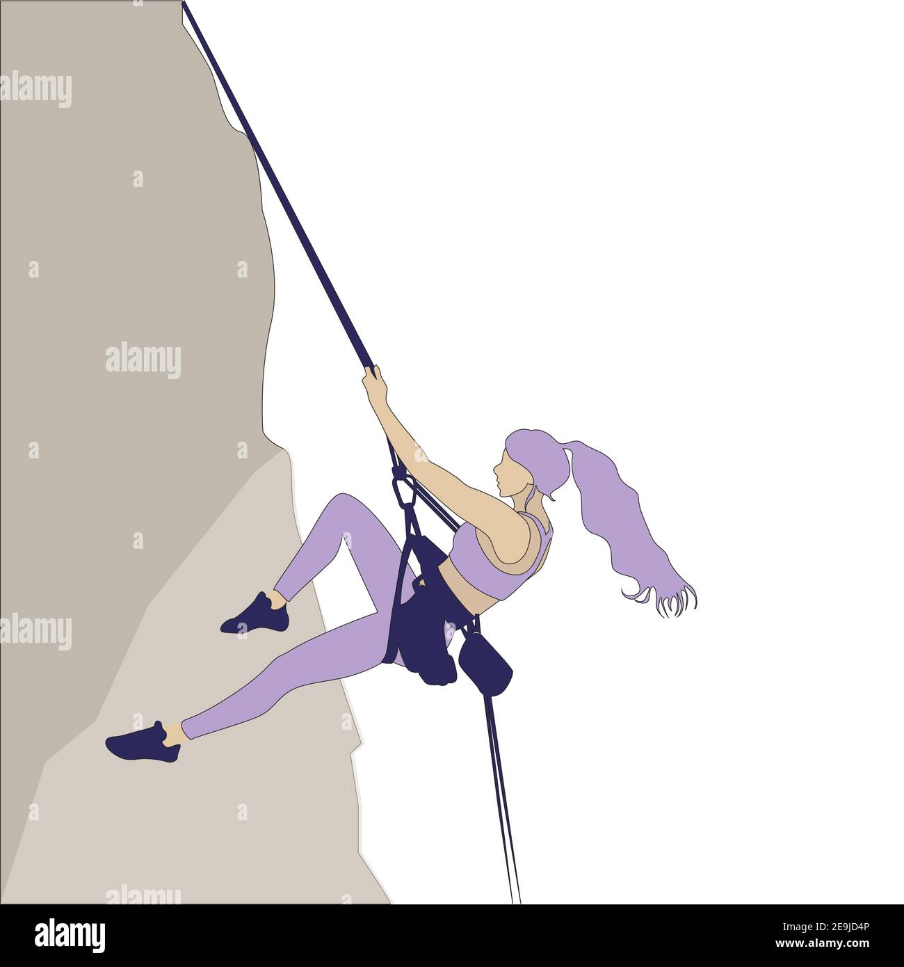 Arrampicata roccia, donna arrampicatore su muro, illustrazione sport di montagna, donna appendere su scogliera, persona compiere il vettore di esercizio pericolo estremo Illustrazione Vettoriale