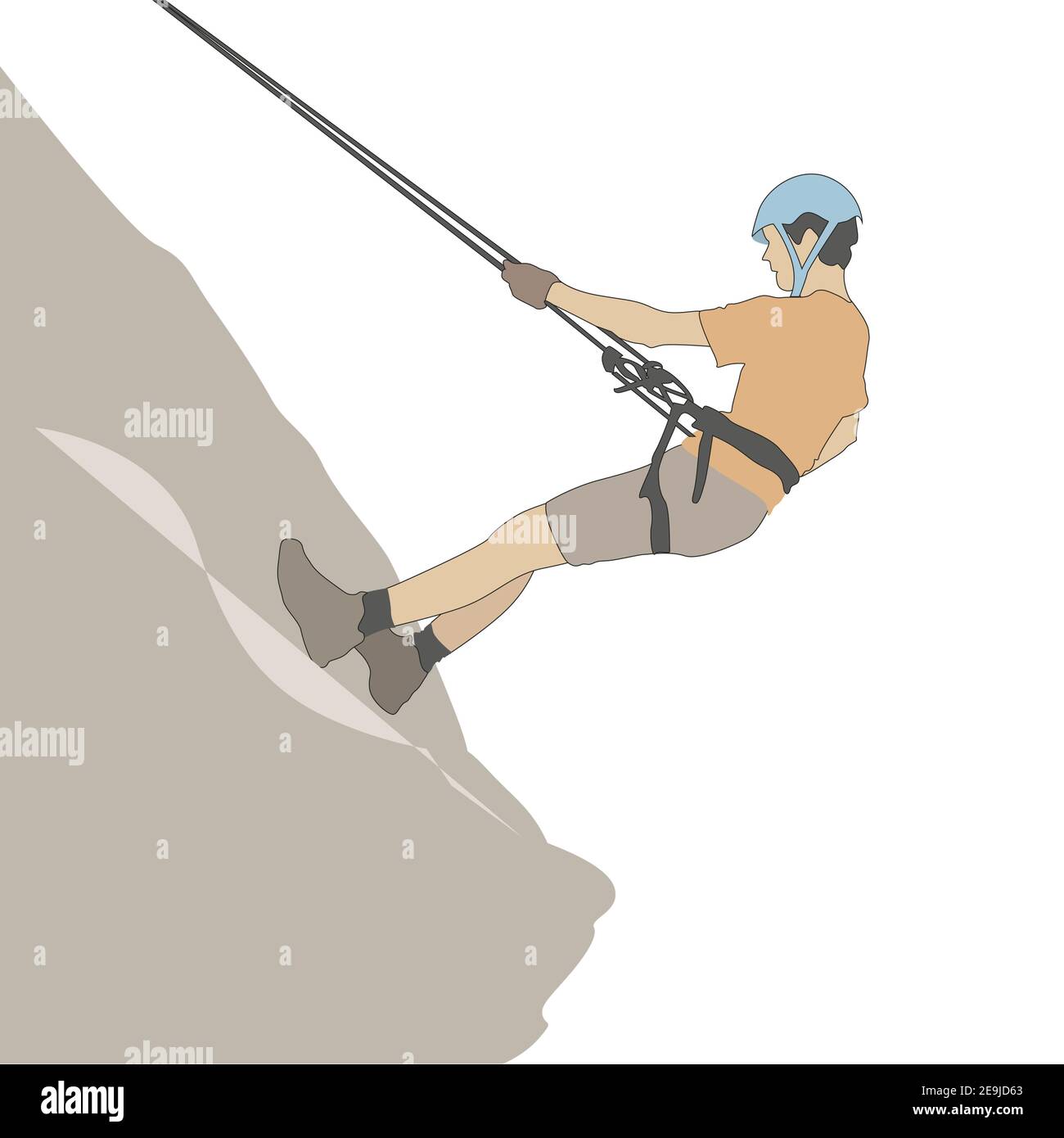 Alpinista sale sulla cima della montagna. L'uomo sale in cima alla roccia, il vettore arrampicatore sulla scogliera di montagna, avventura estrema con attrezzature turistiche, alpinieri Illustrazione Vettoriale