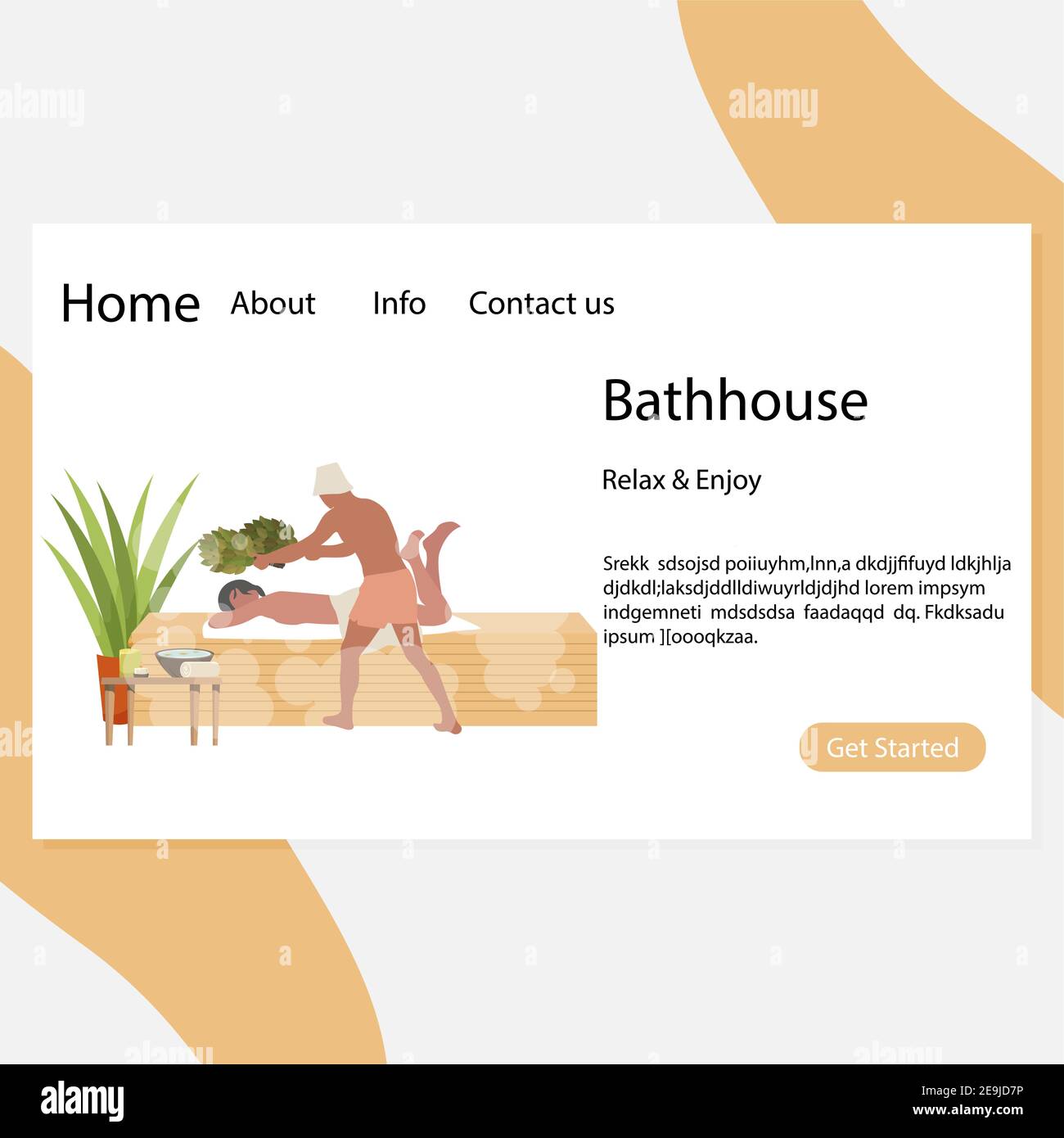 Pagina web del bagno, massaggio spa e relax, bagno turco con scopa. Illustrazione vettoriale salute relax, ricreazione e benessere sauna per corpo e sci Illustrazione Vettoriale