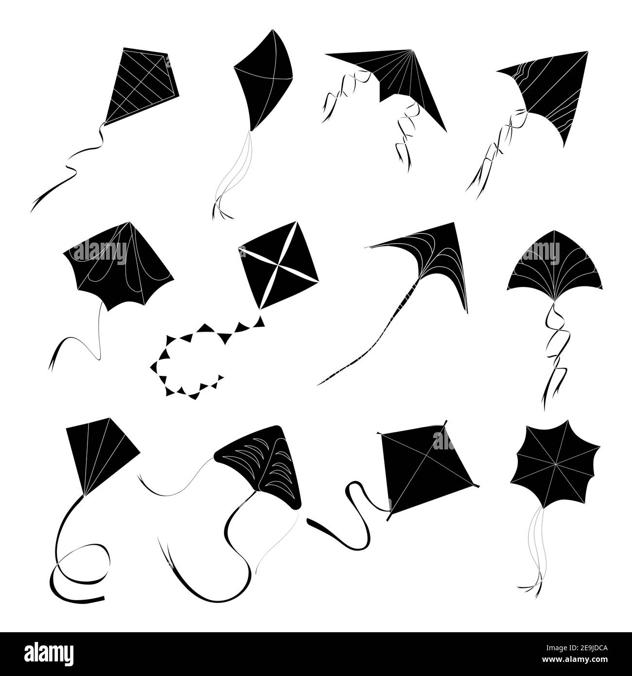 Volo aquilone nero bianco in alto cielo, gioia e tempo libero, giochi estate giocattoli, intrattenimento giocare. Gioia e tempo libero, volare sankranti all'aperto Illustrazione Vettoriale