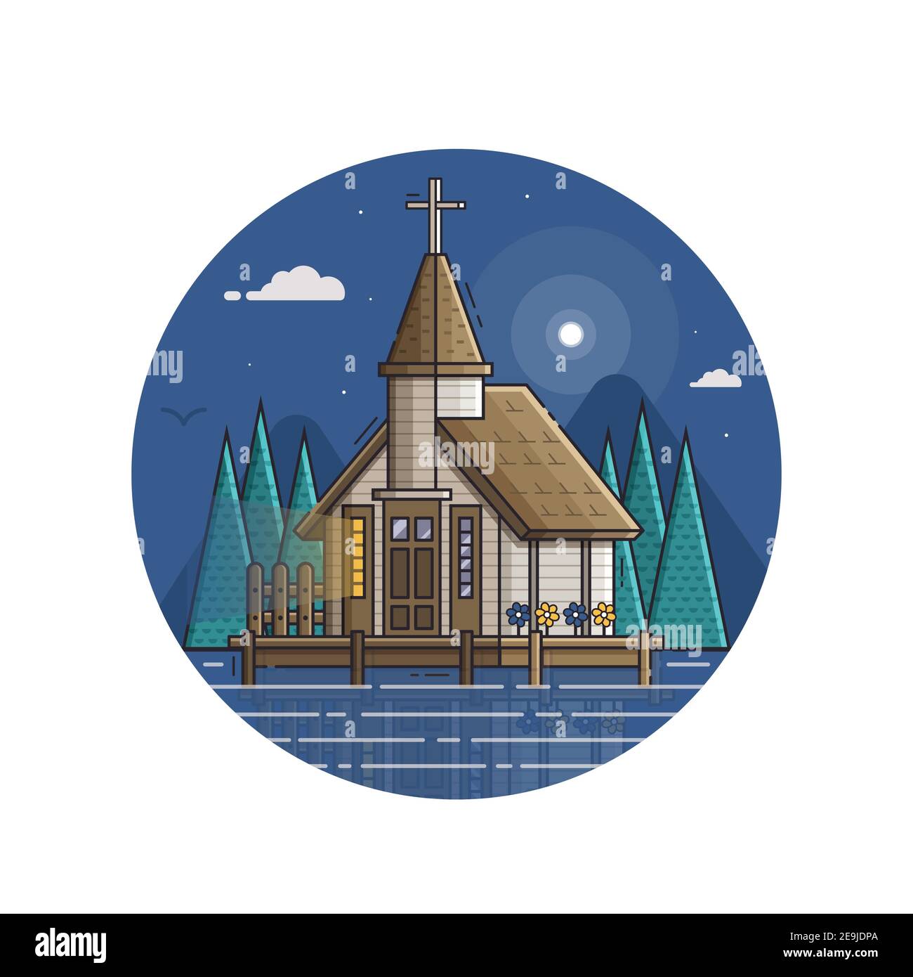 Marine Church Seaside icona in Line Art Illustrazione Vettoriale
