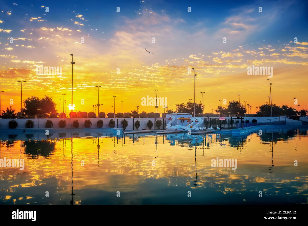 Splendida vista del tramonto nel parco King fahad Dammam Arabia Saudita. Sfondo fuoco selettivo sfocato. Foto Stock