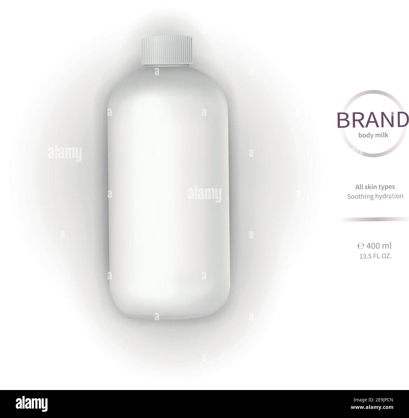 Modello per contenitori cosmetici Vector Realistic, flacone in plastica bianca con tappo a vite ed etichetta del marchio isolato su sfondo bianco. Cosmetici per la cura della pelle, crema, lozione, sapone liquido o schiuma da bagno Illustrazione Vettoriale