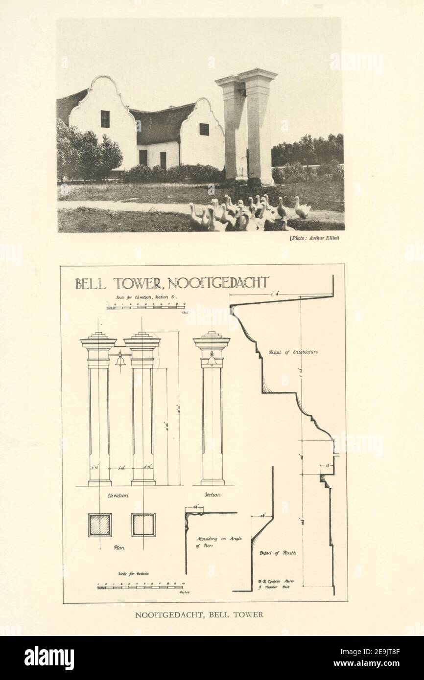 Nooitgedacht Campanile dal libro ' architettura del XVIII secolo in Sud Africa ' di Geoffrey Eastcott Pearse. Pubblicato da A.A. Balkema, Città del Capo nel 1933 G. E. Pearse fu tra i primi a portare l'architettura del Capo ad un vasto pubblico in modo accademico. L'architettura del diciottesimo secolo in Sud Africa è stata il risultato di molti anni di ricerca sul tema e rimane un importante lavoro di riferimento per il soggetto. Foto Stock