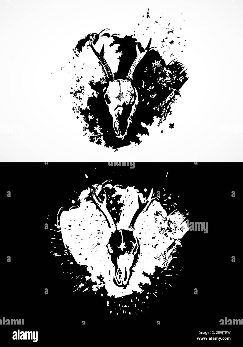 Illustrazione vettoriale con teschi di capriolo. Due varianti: Sagome bianche e nere con texture grunge e macchie. Per t-shirt, poster e altro Illustrazione Vettoriale
