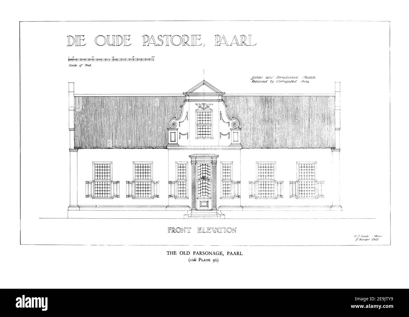 The Old Parsonage, Paarl, Cape, Sud Africa dal libro ' architettura del XVIII secolo in Sud Africa ' di Geoffrey Eastcott Pearse. Pubblicato da A.A. Balkema, Città del Capo nel 1933 G. E. Pearse fu tra i primi a portare l'architettura del Capo ad un vasto pubblico in modo accademico. L'architettura del diciottesimo secolo in Sud Africa è stata il risultato di molti anni di ricerca sul tema e rimane un importante lavoro di riferimento per il soggetto. Foto Stock