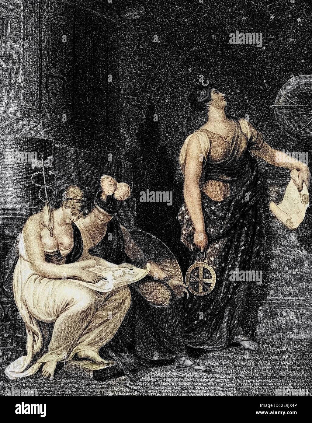 L'architettura è rappresentata in una forma femminile, seduta sul piedistallo DI UN pilastro, con vari strumenti e strumenti intorno a lei, ispettendo con attenzione l'accuratezza e l'Ingenuità di UN disegno che si trova nel suo Lap. Al suo fianco la figura della ragione, con un casco sulla testa, lo scudo di Pallas nella mano sinistra e il caduceo di Mercurio nella sua destra. L'astronomia è personificata da UNA bella femmina come Urania, con una Crescent d'Argento, vestita in un manto azzurro scopato con stelle; i suoi occhi intensamente fissati sul Firmament Starry; con un Astrolabe nella sua mano destra, e UN rotolo, contenente Astromi Foto Stock