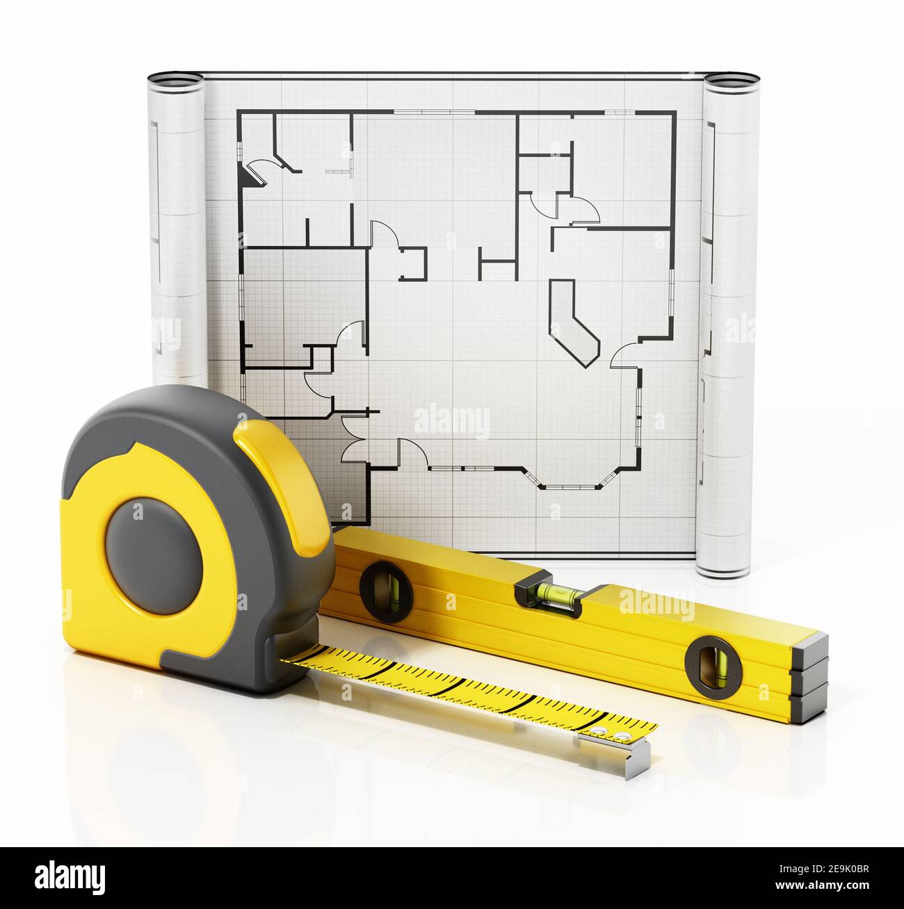 Metro a nastro, livello dell'acqua e blueprint isolati su sfondo bianco. Illustrazione 3D. Foto Stock