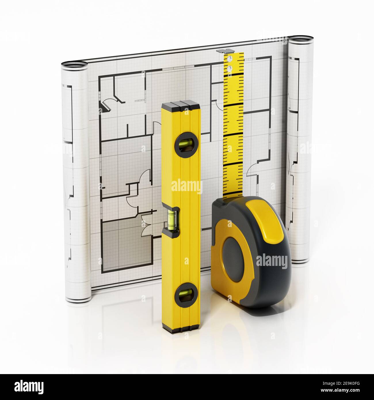 Metro a nastro, livello dell'acqua e blueprint isolati su sfondo bianco. Illustrazione 3D. Foto Stock