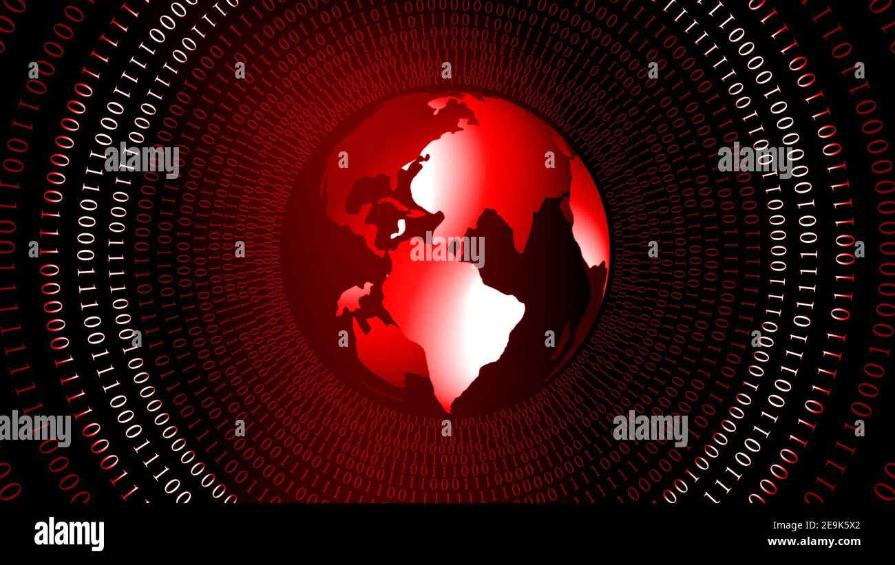 Sfondo astratto con globo terrestre in rosso - anelli di codice binario disposto a forma di cilindro - internet globale o. tecnologia informatica Foto Stock