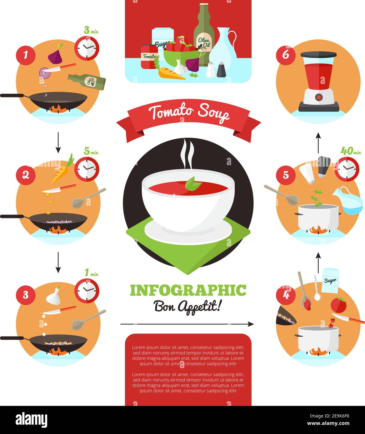 Infografiche dettagliate delle ricette per cucinare il vettore delle zuppe di pomodoro illustrazione Illustrazione Vettoriale