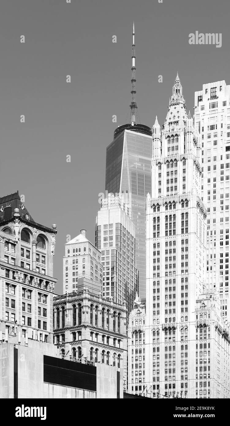Immagine in bianco e nero della diversa architettura di Manhattan, New York City, USA. Foto Stock