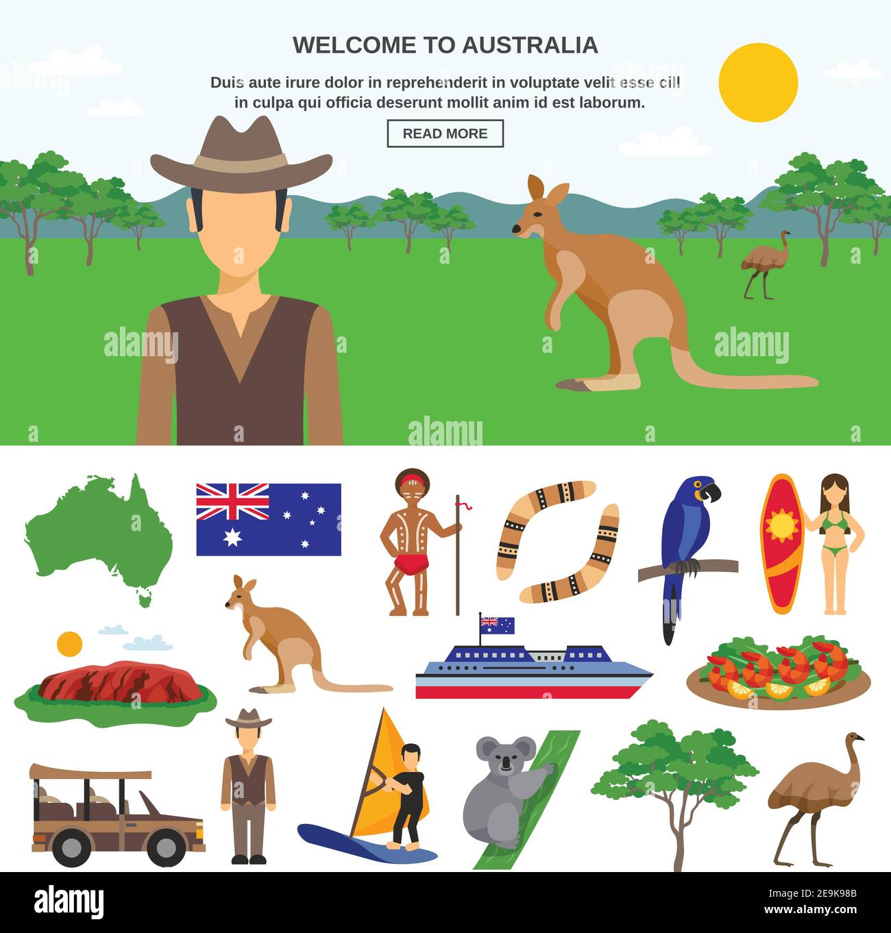 Concetto di viaggio in Australia con simboli della fauna selvatica di paese e sportivo illustrazione vettoriale isolata per il turismo Illustrazione Vettoriale