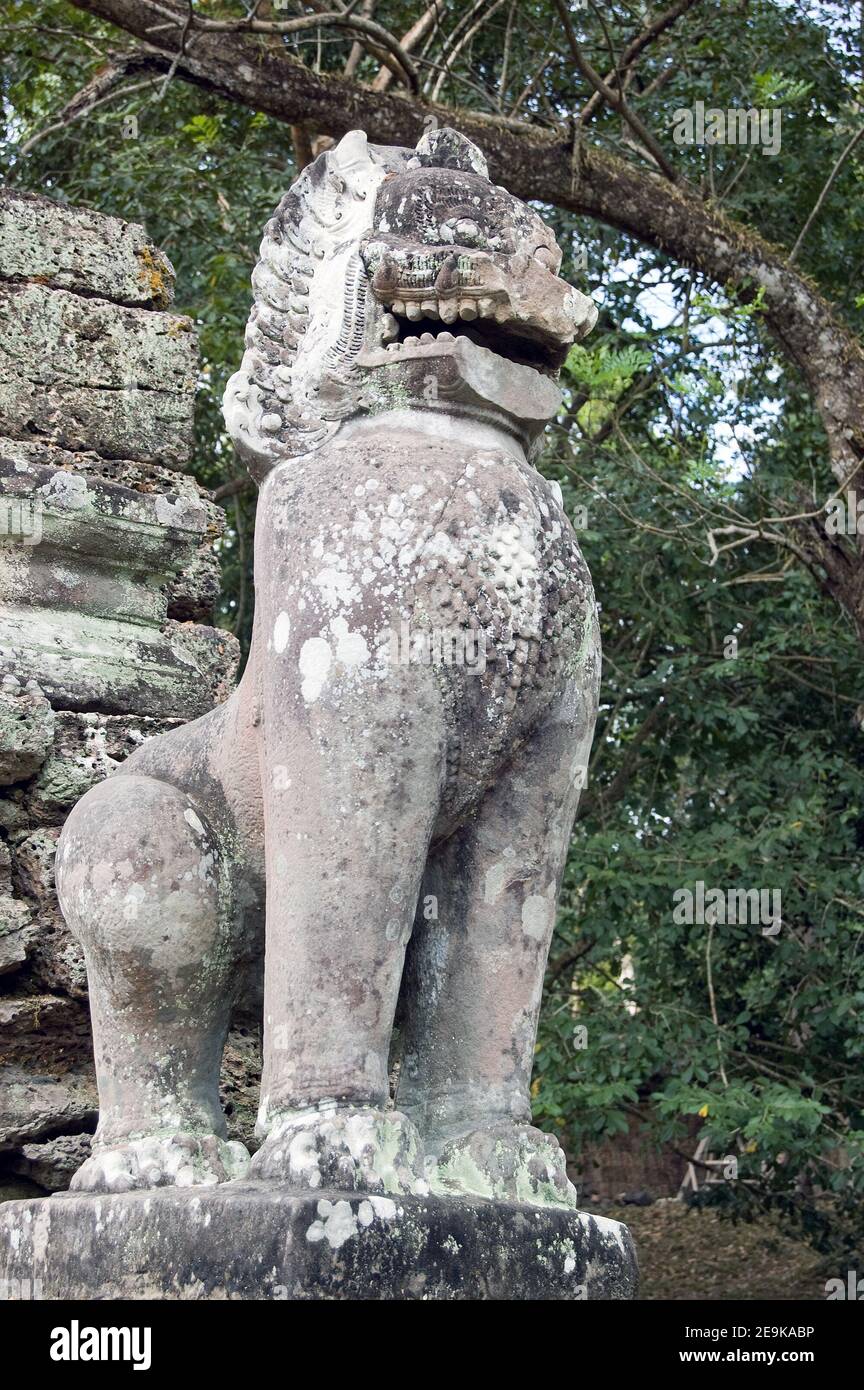 Antica statua Khmer di un leone imperiale. Tempio di Preah Khan, Cambogia. Scultura antica, di centinaia di anni. Foto Stock