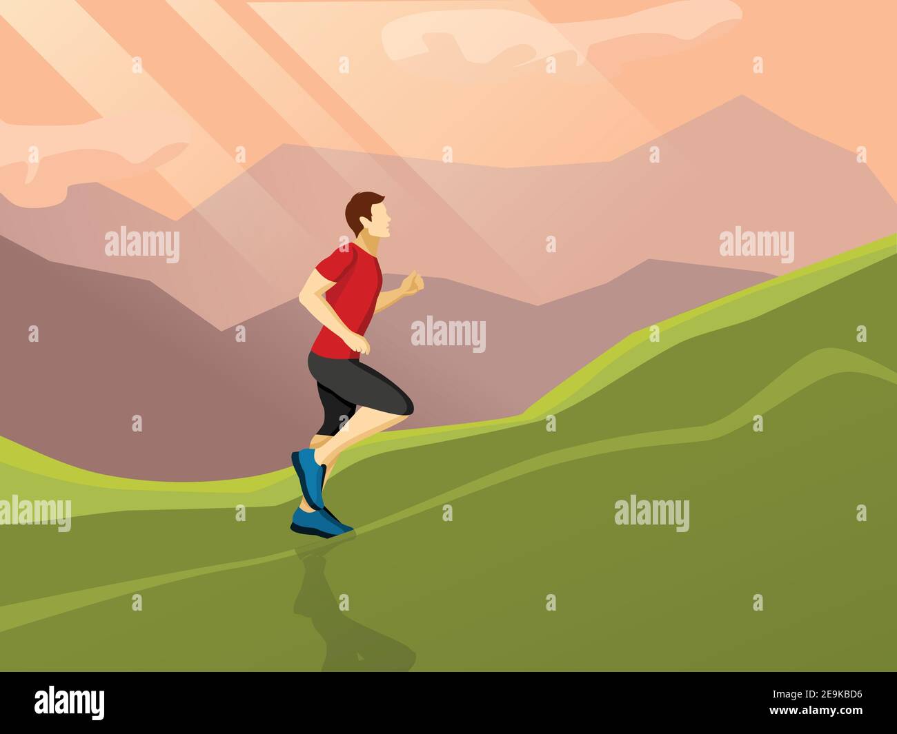 Poster con l'icona piatta di uomo che corre da solo su collina sullo sfondo paesaggio immagine vettoriale Illustrazione Vettoriale