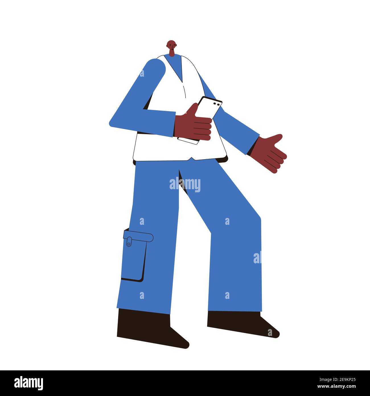 Adulto afroamericano uomo con telefono. Giovane personaggio maschile indossato in abiti casual in piedi con tavoletta isolata su uno sfondo bianco. Attesa persona Illustrazione Vettoriale
